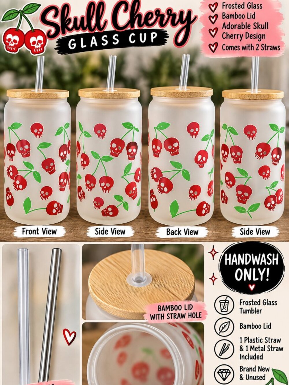 Skull Cherry 16oz Frosted Glass Tumbler Bamboo Lid 2 Straws Goth Halloween